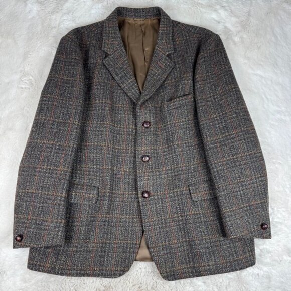 Dunn & Co Harris Tweed Sport Coat Mens 44R Green Brown Plaid Wool Blazer Vintage - Picture 1 of 11